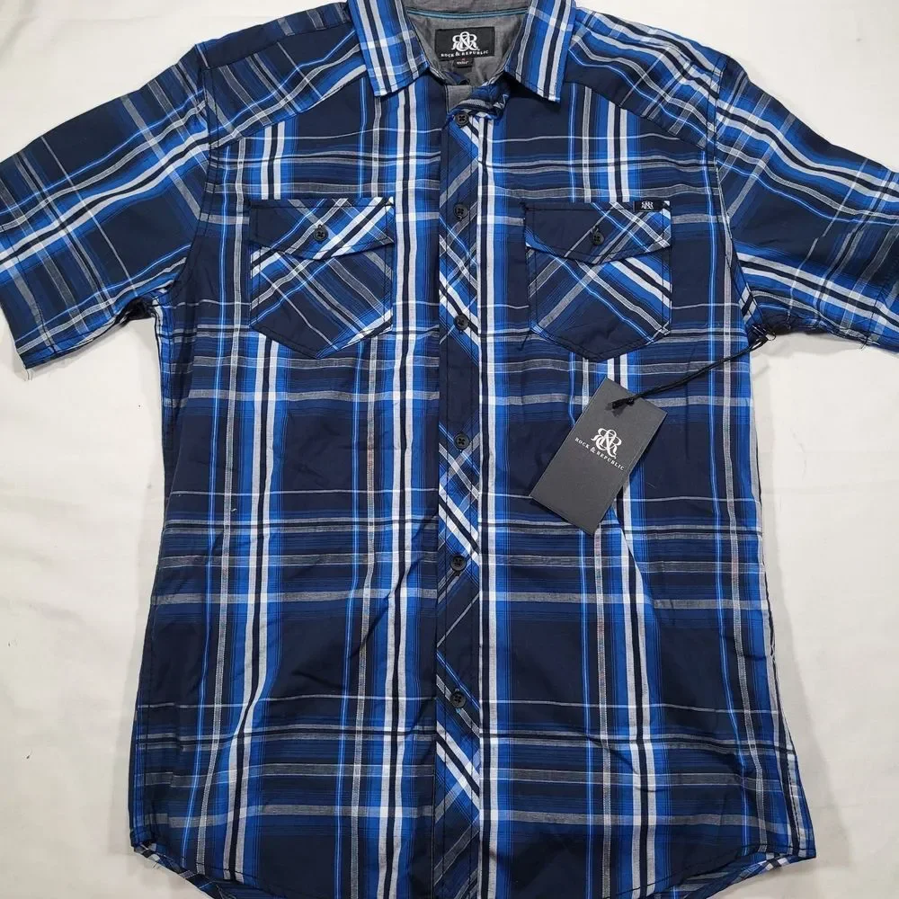 Rock & Republic Men's‎ Small Blue Plaid Short Sleeve Button Up Shirt - Picture 6 of 9